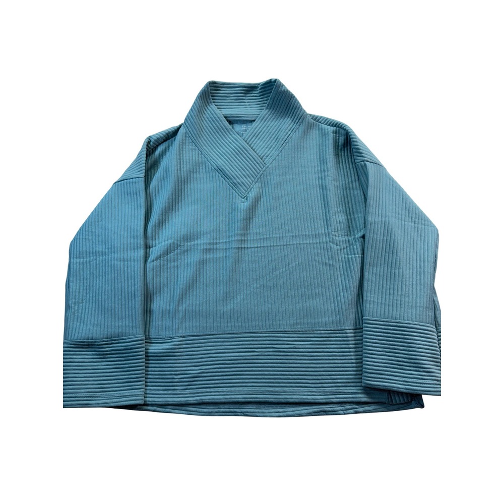Tahari Sport Top Women 2X Blue Ribbed V-Neck Pullover Sweatshirt Activewear